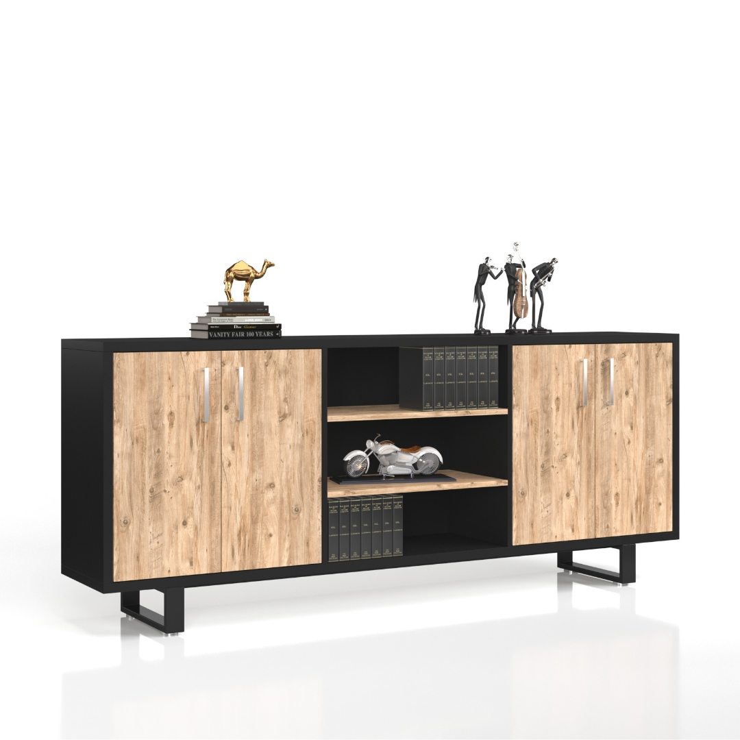 Modern Deman Credenza with engineered tactile sheet, laminated black wood finish, and metal steel base, ideal for books and décor.