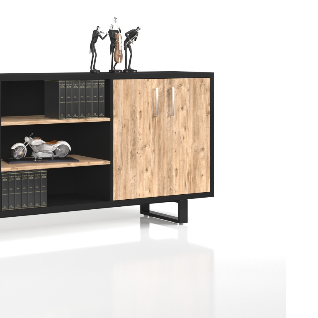 Modern Deman Credenza with engineered tactile sheet, laminated black wood finish, and metal steel base, ideal for books and décor.