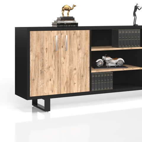 Modern Deman Credenza with engineered tactile sheet, laminated black wood finish, and metal steel base, ideal for books and décor.