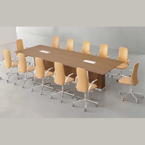 Modern Wisp Conference Table with wooden-finished MDF top, powder-coated MS legs, and cable grommet.