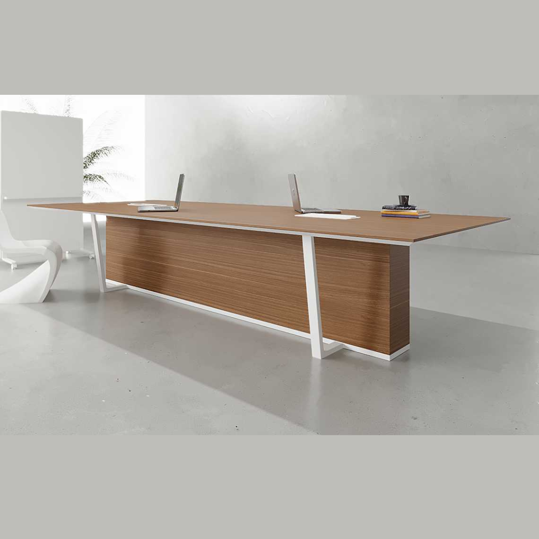 Modern Wisp Conference Table with wooden-finished MDF top, powder-coated MS legs, and cable grommet.