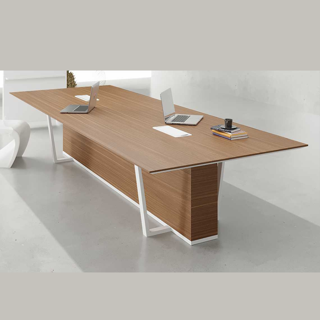 Modern Wisp Conference Table with wooden-finished MDF top, powder-coated MS legs, and cable grommet.