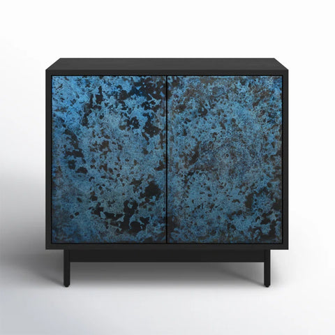 Moon Norwood Credenza with hand-painted finish, antique brass hardware, and solid wood top on a sturdy iron base.