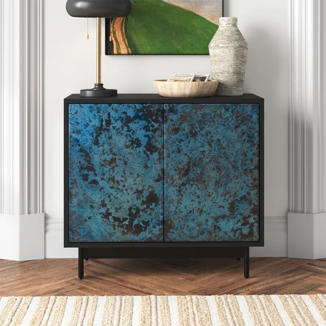 Moon Norwood Credenza with hand-painted finish, antique brass hardware, and solid wood top on a sturdy iron base.