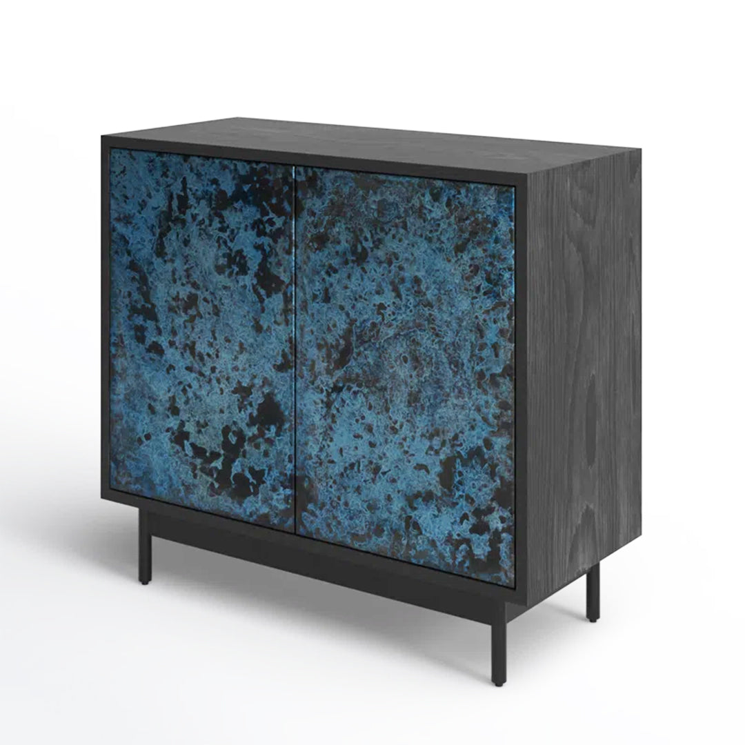 Moon Norwood Credenza with hand-painted finish, antique brass hardware, and solid wood top on a sturdy iron base.