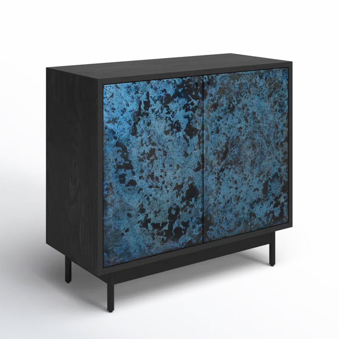 Moon Norwood Credenza with hand-painted finish, antique brass hardware, and solid wood top on a sturdy iron base.