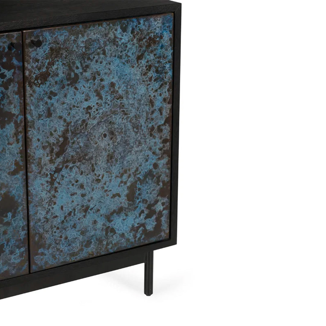 Moon Norwood Credenza with hand-painted finish, antique brass hardware, and solid wood top on a sturdy iron base.