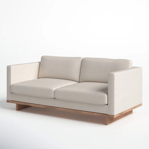 Morello Wood Base Sofa with square arms, solid rubberwood base, and fibre-filled cushions in a modern design.