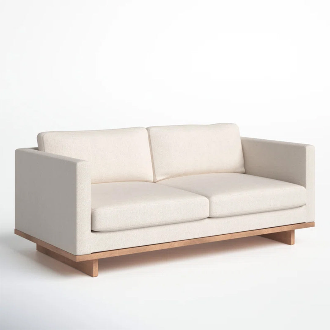 Morello Wood Base Sofa with square arms, solid rubberwood base, and fibre-filled cushions in a modern design.