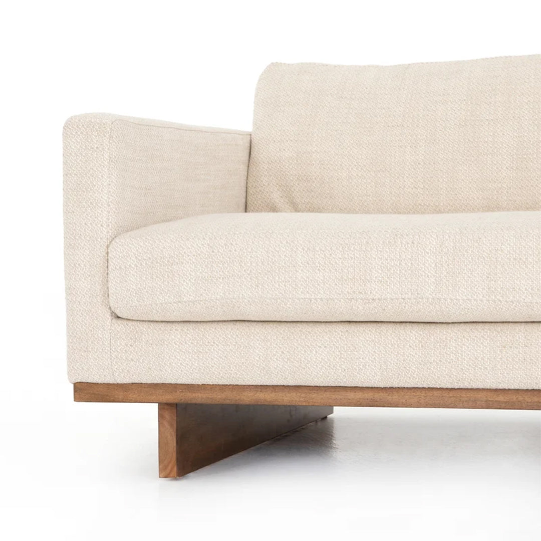 Morello Wood Base Sofa with square arms, solid rubberwood base, and fibre-filled cushions in a modern design.