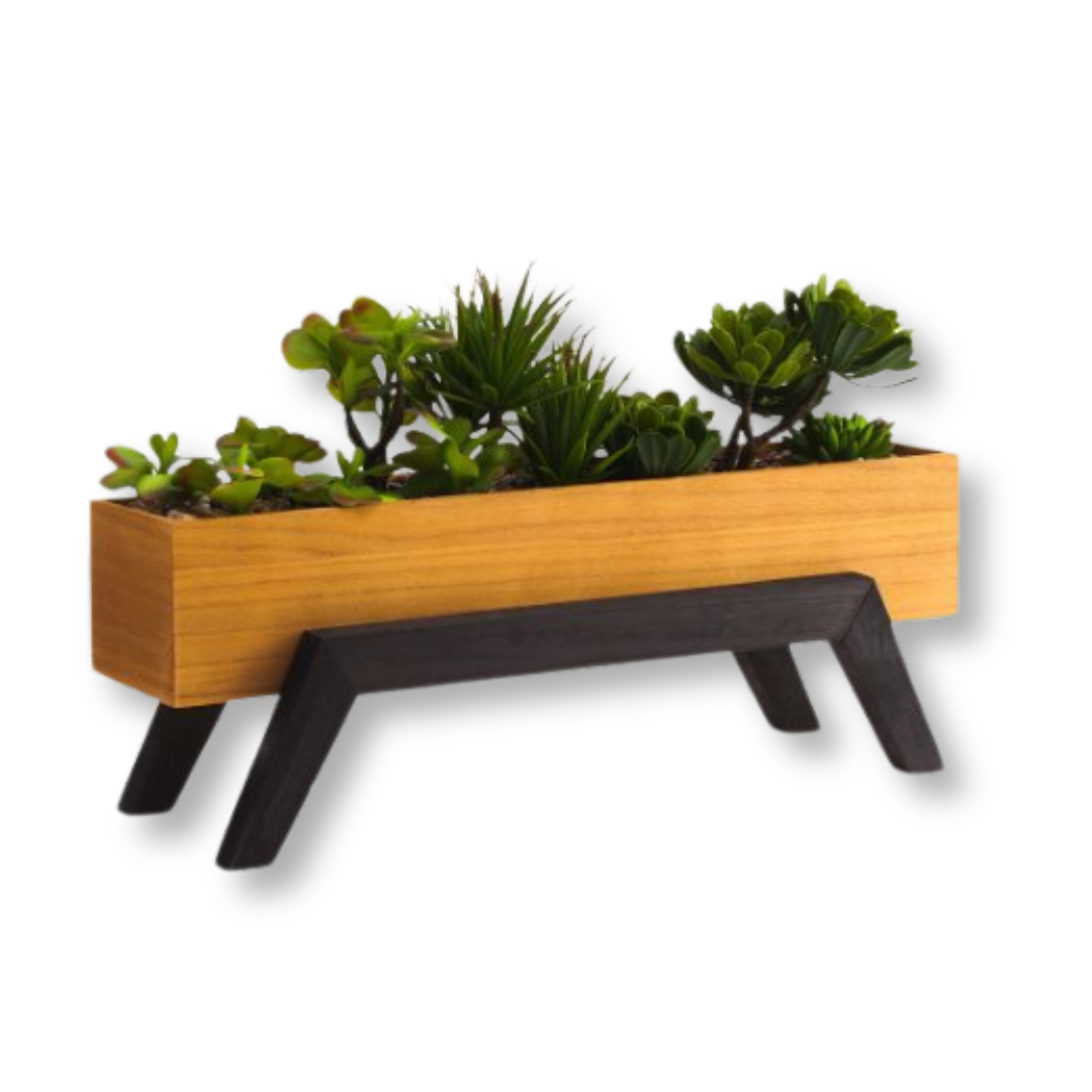 NaturWood Planter featuring a rectangular wooden box on black angular legs, filled with succulents.