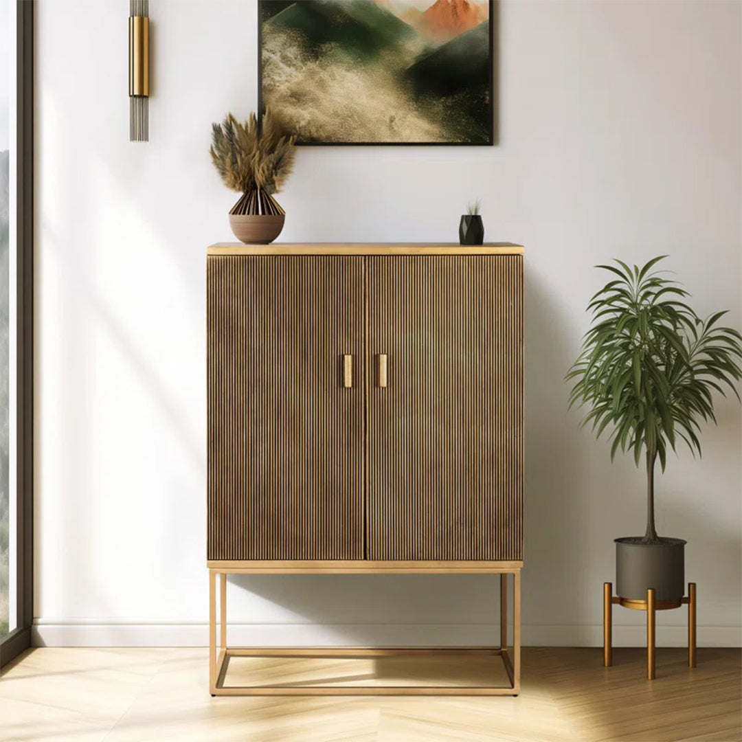 Nerrabia Exquisite Credenza with a gold top, brown-gold base, and spacious storage drawers for modern interiors.