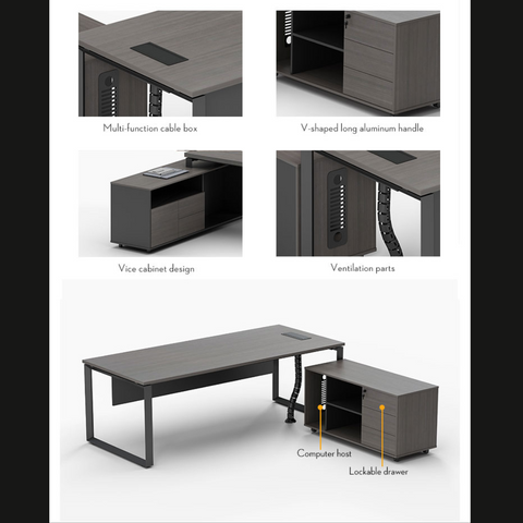 Nexus Managers Table with adjustable width, secure lockable drawers, multi-functional cable box, and modern black and white design.