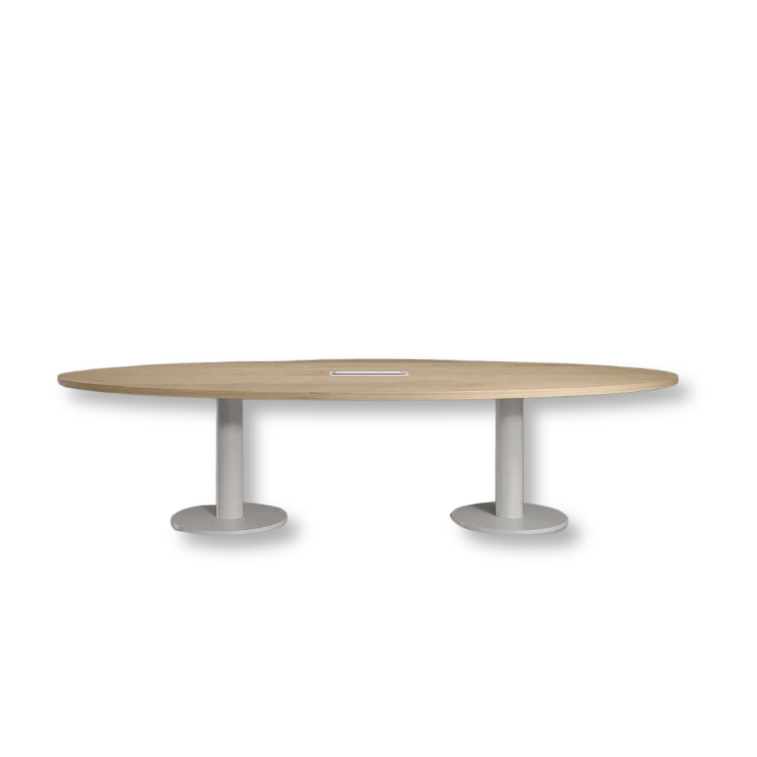 Olive Conference Table with wooden-finished laminated MDF top, powder-coated MS legs, and cable grommet.