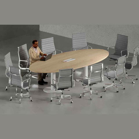 Olive Conference Table with wooden-finished laminated MDF top, powder-coated MS legs, and cable grommet.