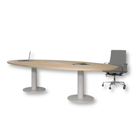 Olive Conference Table with wooden-finished laminated MDF top, powder-coated MS legs, and cable grommet.