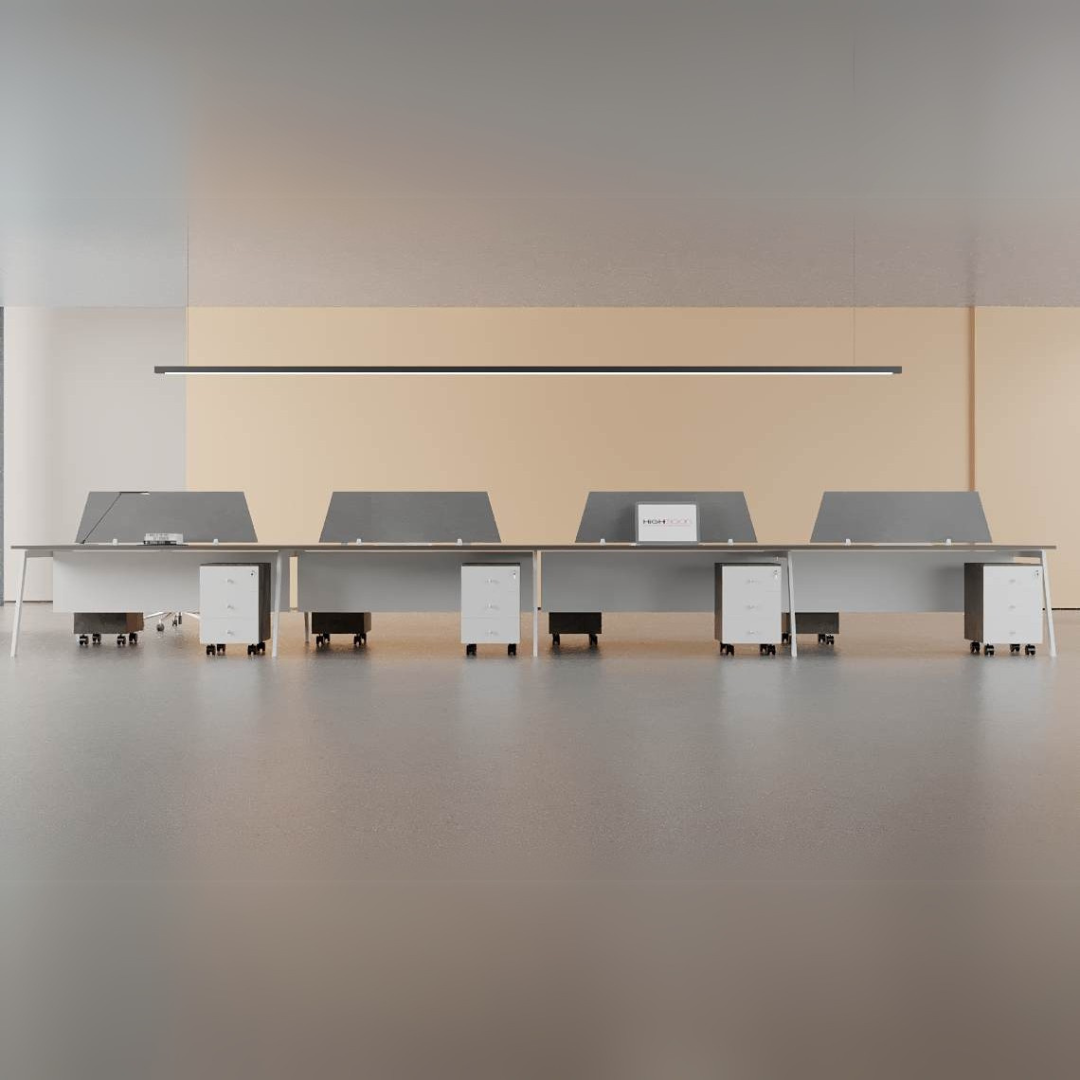 Orange Cluster Workstation with MDF surface, powder-coated steel legs, and mobile storage drawers.