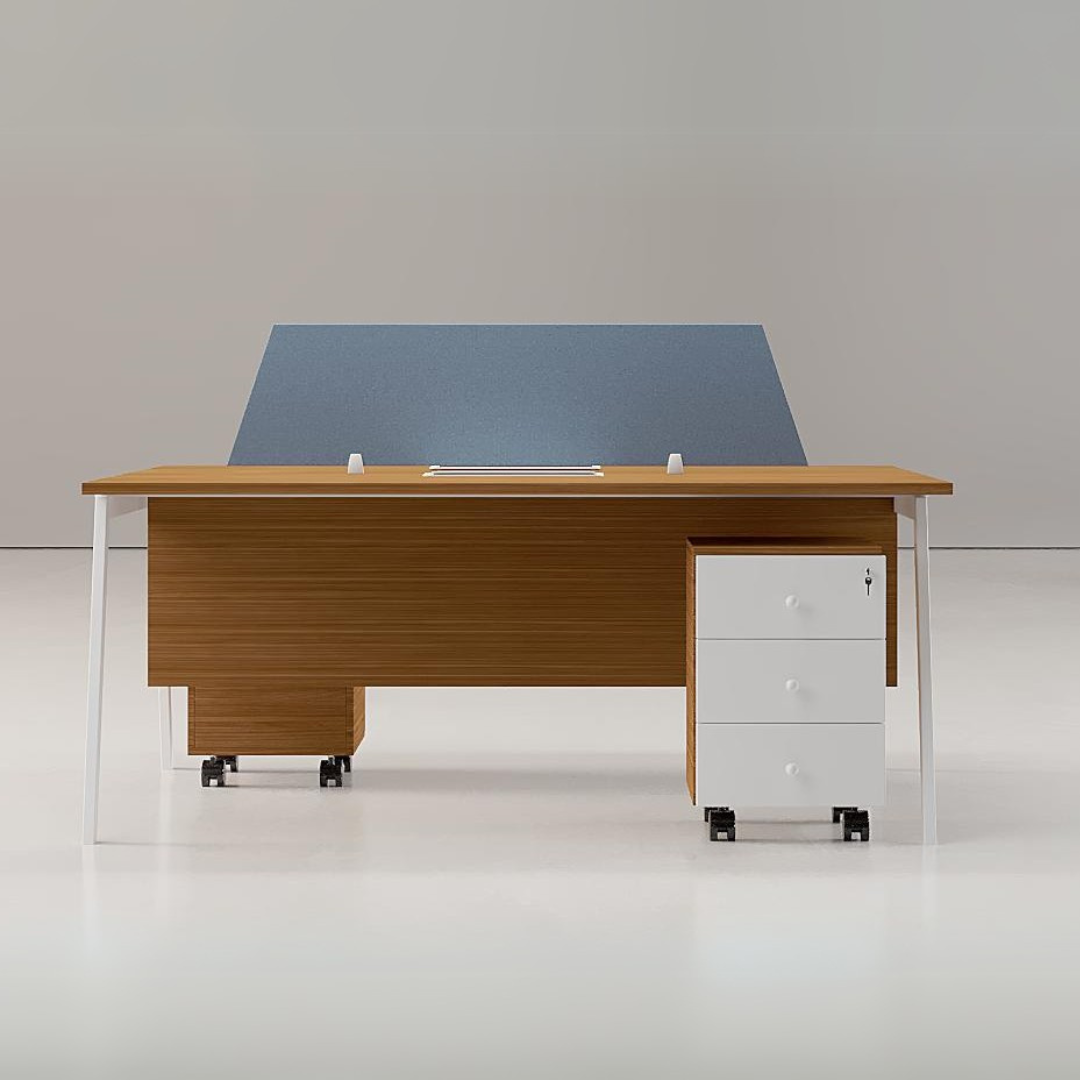 Orange Cluster Workstation with MDF surface, powder-coated steel legs, and mobile storage drawers.