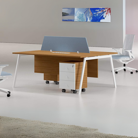 Orange Cluster Workstation with MDF surface, powder-coated steel legs, and mobile storage drawers.