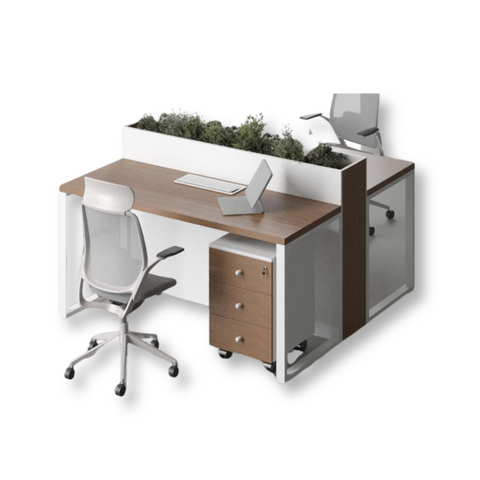 Planter-Enhanced Workstation with MDF finish, mobile drawers, and built-in greenery box for modern offices.