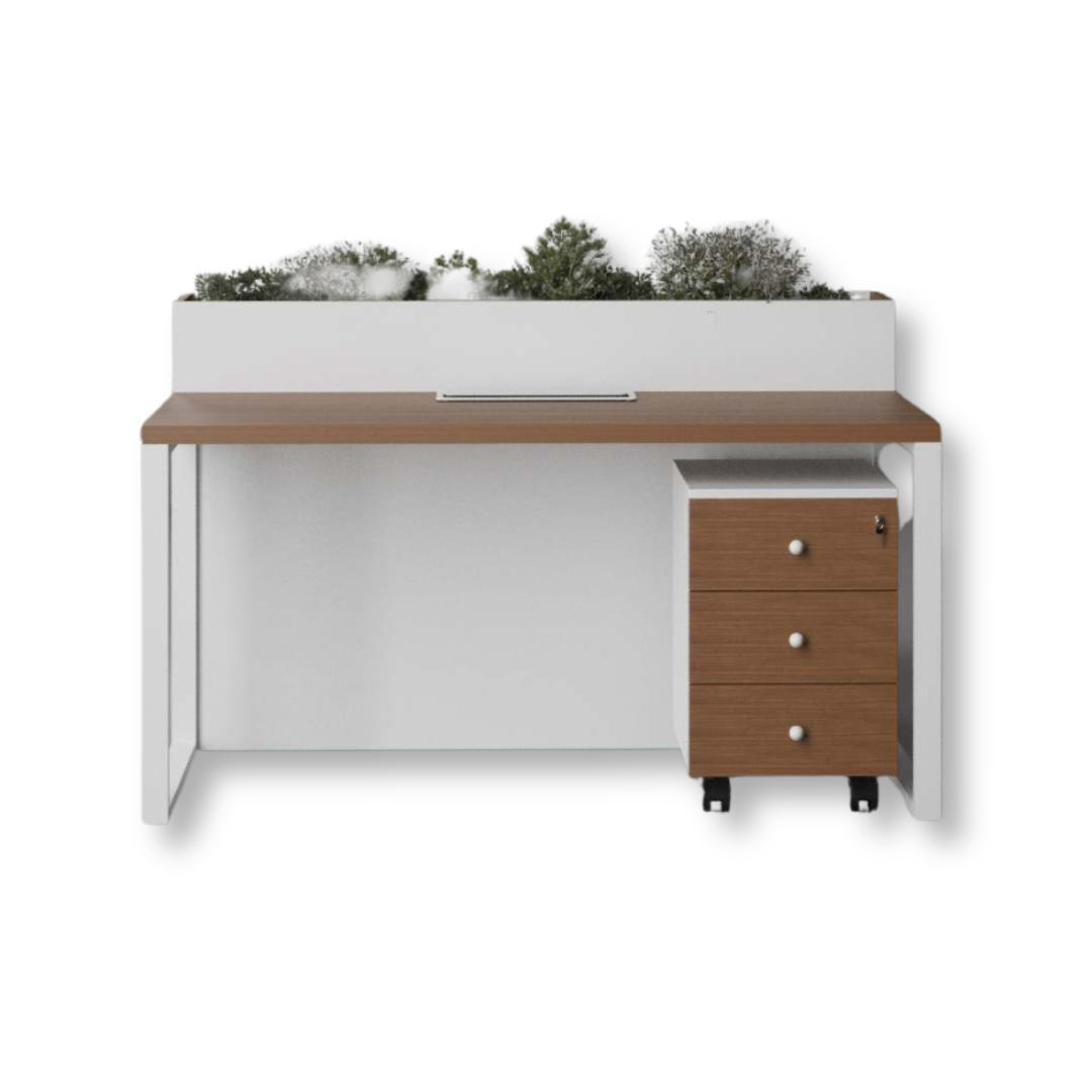 Planter-Enhanced Workstation with MDF finish, mobile drawers, and built-in greenery box for modern offices.