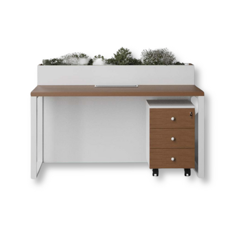 Planter-Enhanced Workstation with MDF finish, mobile drawers, and built-in greenery box for modern offices.