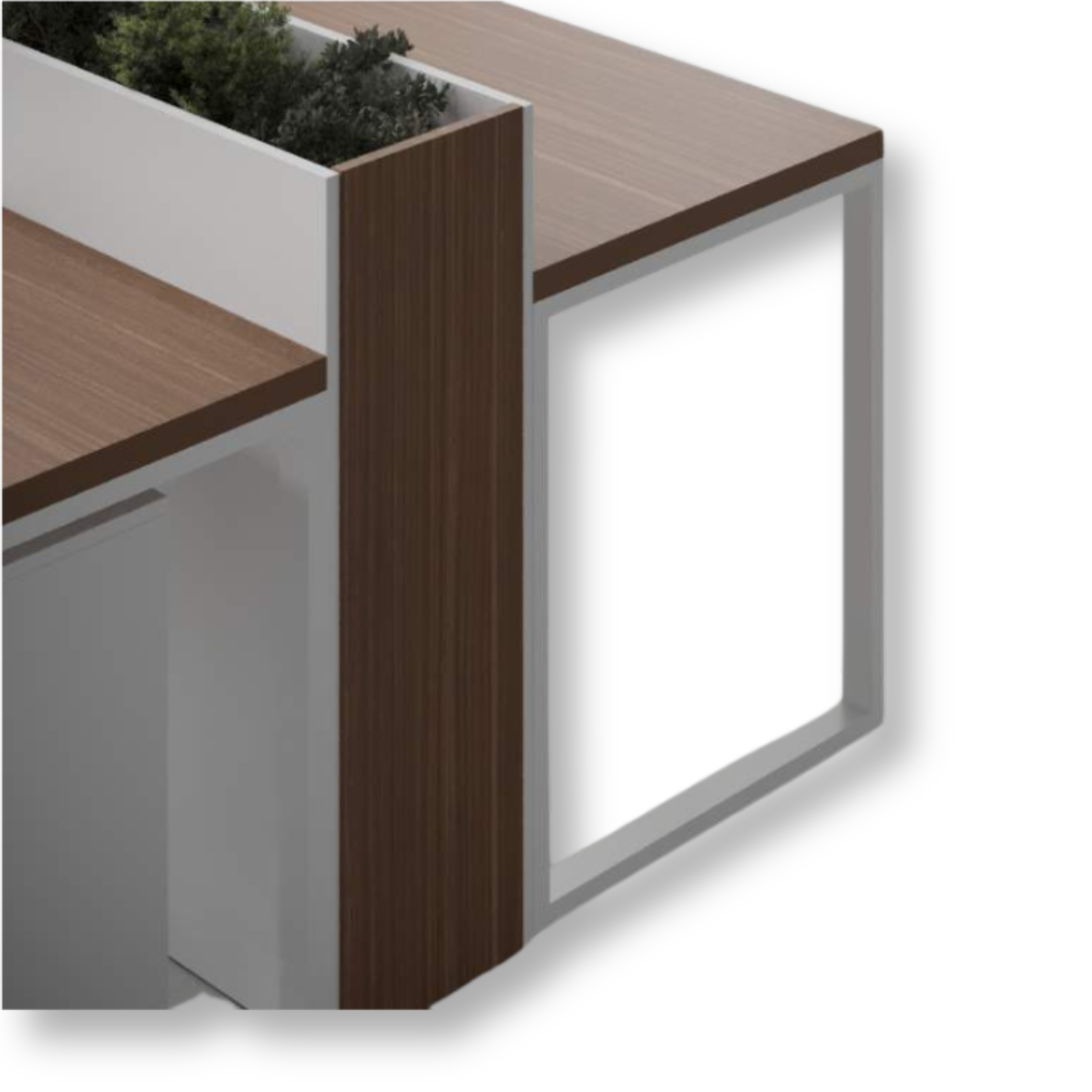 Planter-Enhanced Workstation with MDF finish, mobile drawers, and built-in greenery box for modern offices.