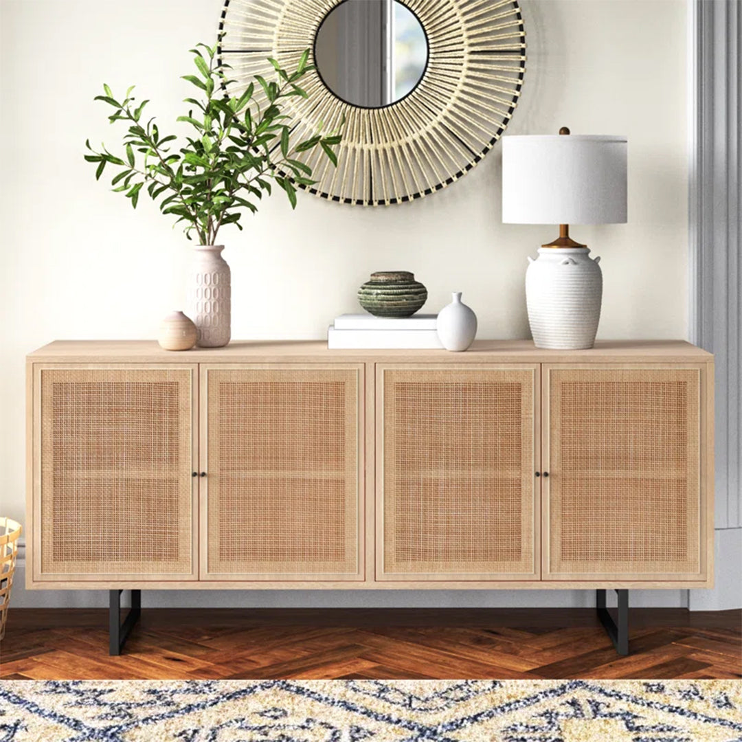 Romania Credenza crafted from solid ash  wood, featuring 4 doors and interior shelves for versatile storage.