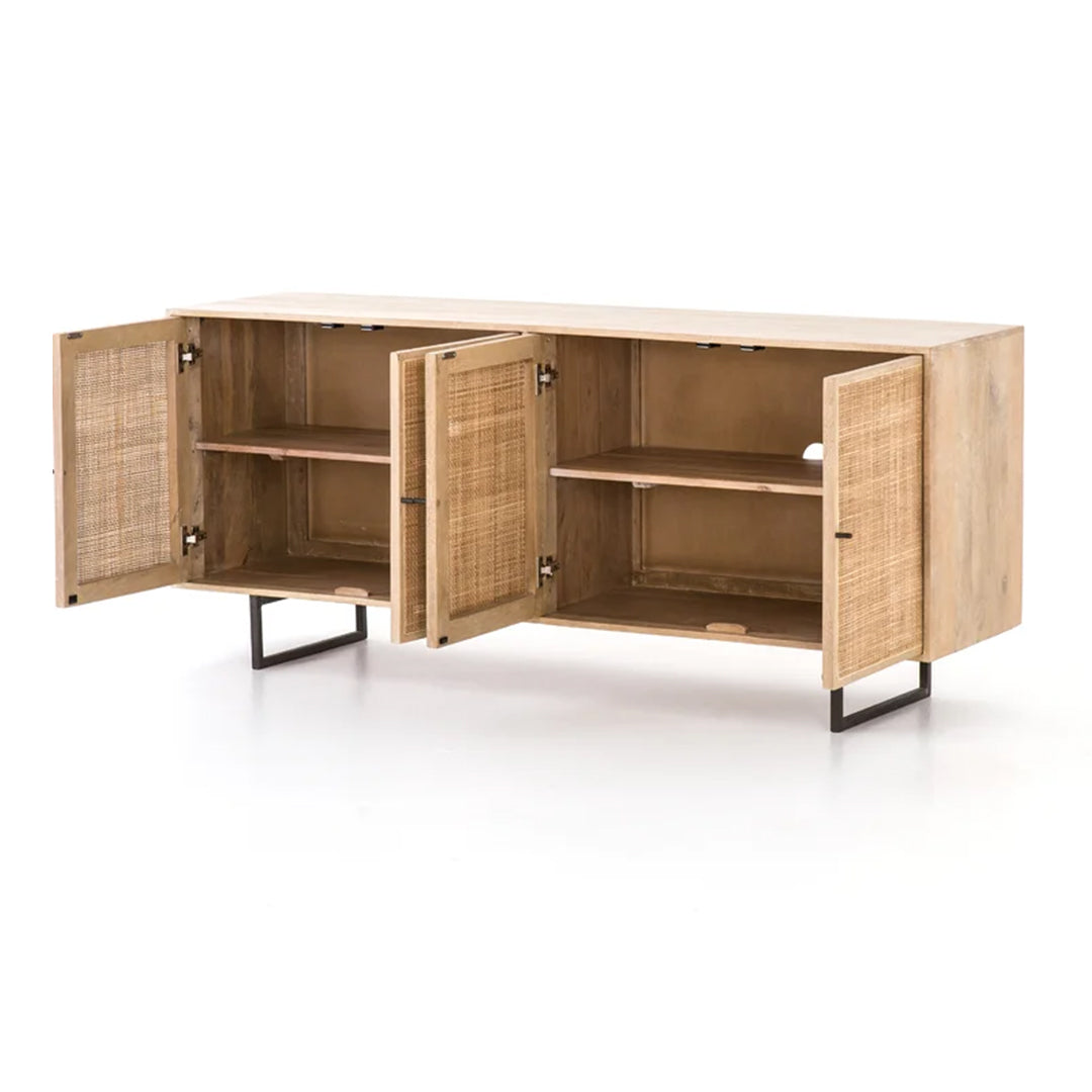 Romania Credenza crafted from solid ash wood, featuring 4 doors and interior shelves for versatile storage.