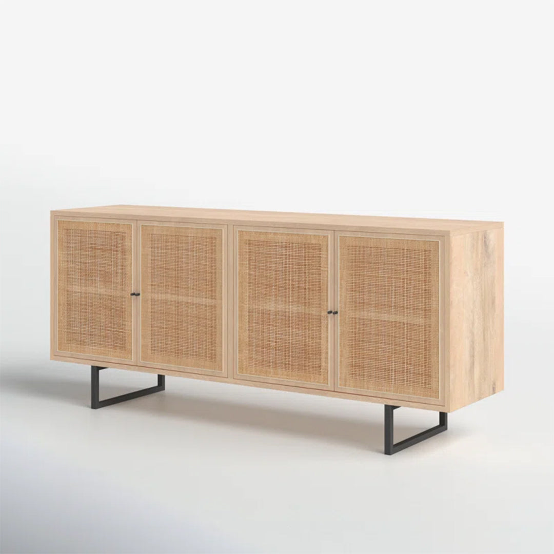 Romania Credenza crafted from solid ash  wood, featuring 4 doors and interior shelves for versatile storage.