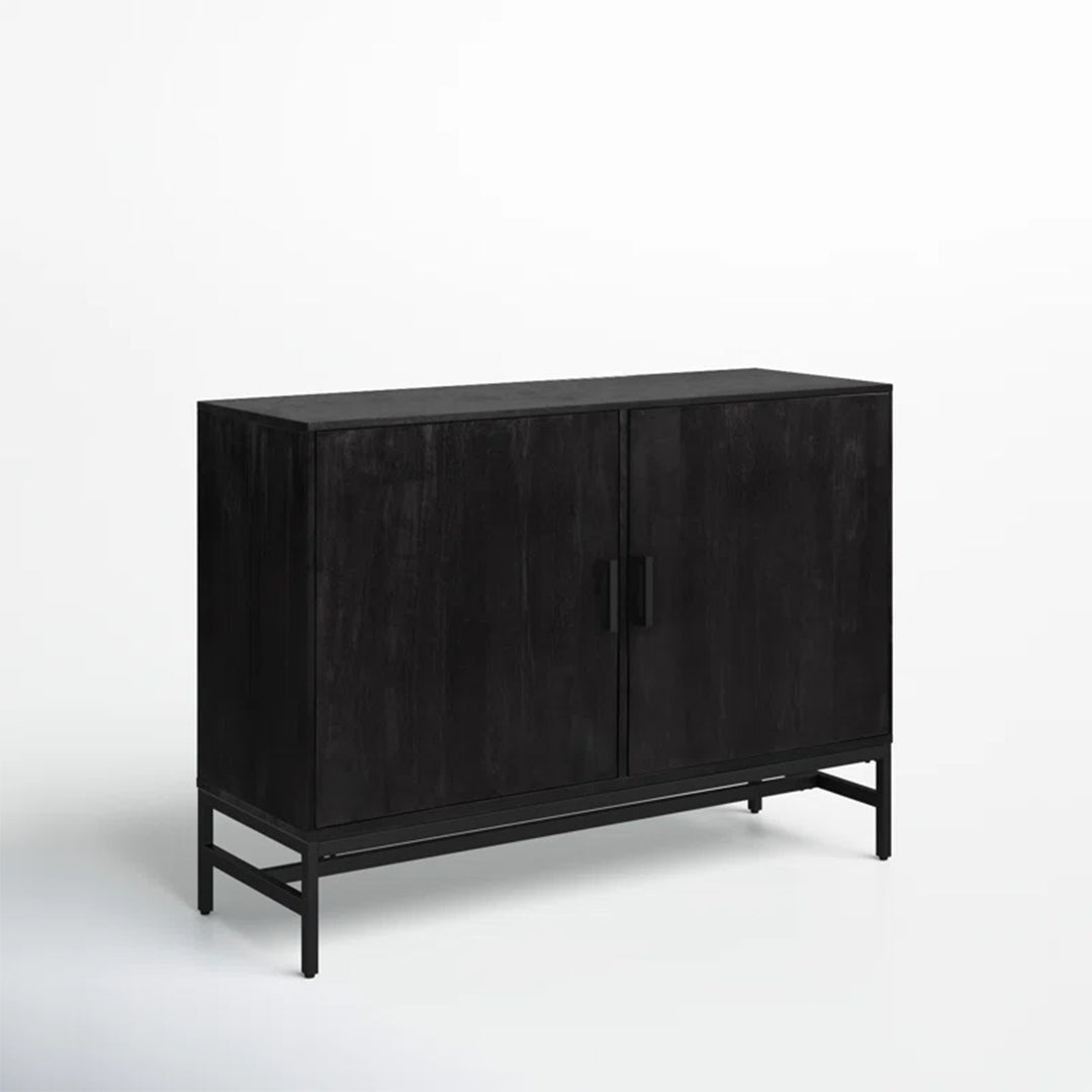 Row Tactile Console featuring a black distressed finish, squared iron legs, and four interior shelves, perfect for modern living rooms or offices