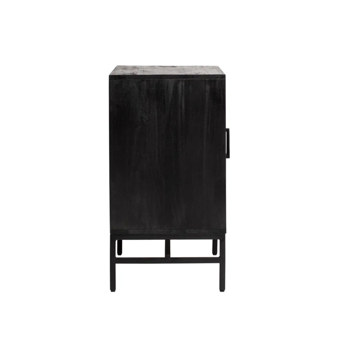 Row Tactile Console featuring a black distressed finish, squared iron legs, and four interior shelves, perfect for modern living rooms or offices