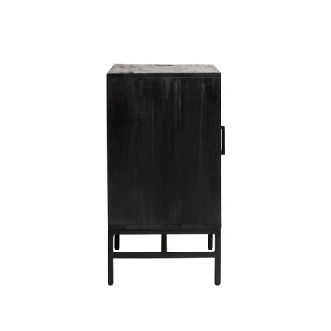 Row Tactile Console featuring a black distressed finish, squared iron legs, and four interior shelves, perfect for modern living rooms or offices