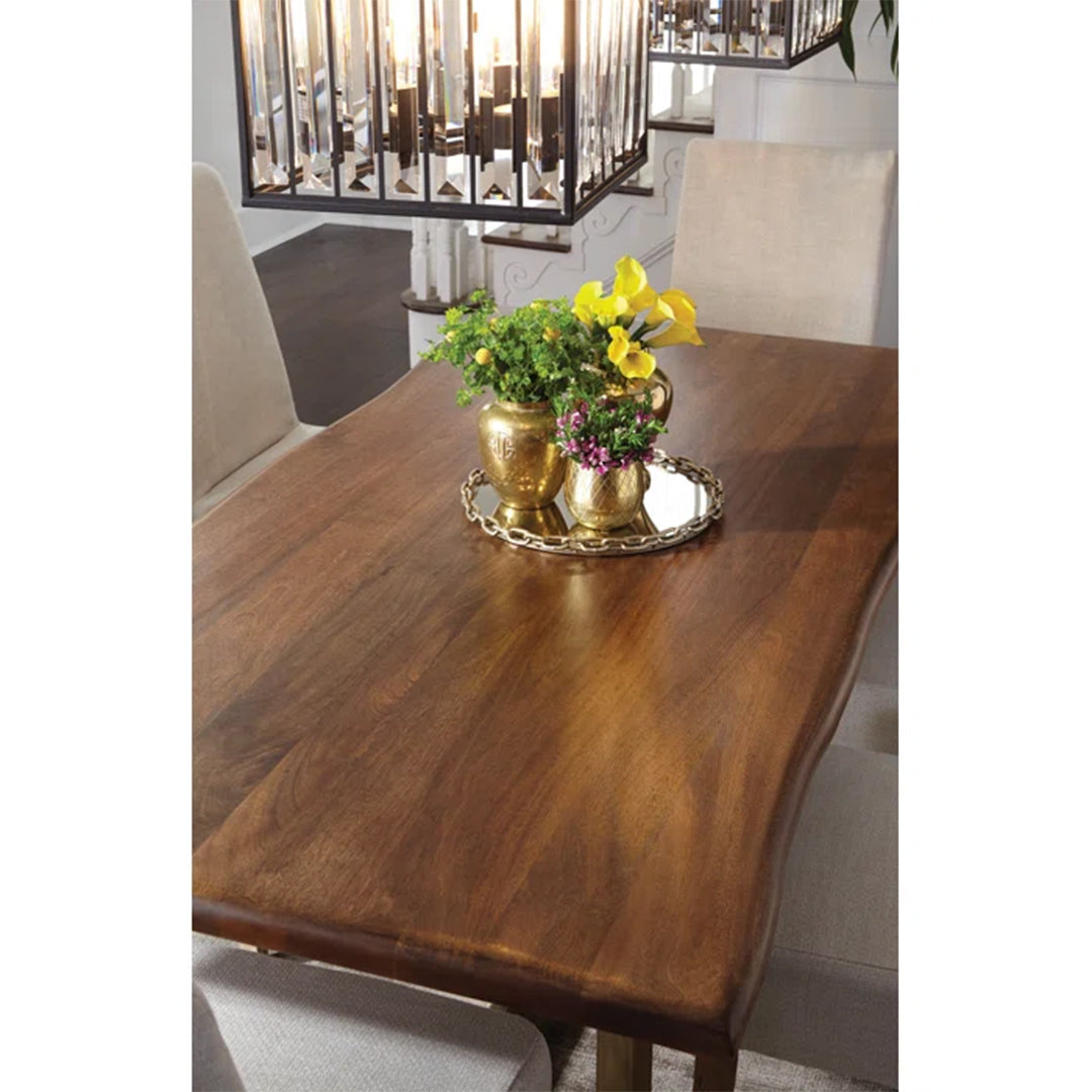 Rustic Diascia Dining Table with solid wood top, natural wood knots, and an iron base in a rectangular design.