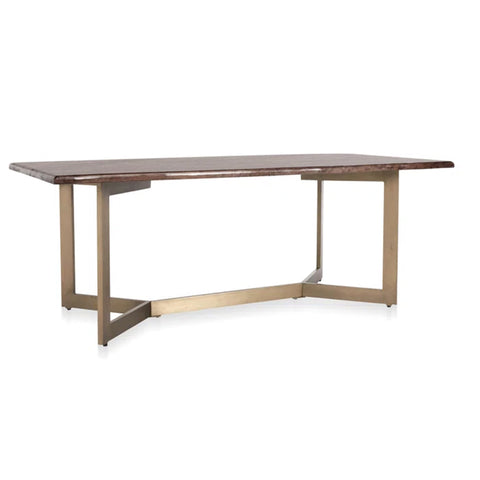 Rustic Diascia Dining Table with solid wood top, natural wood knots, and an iron base in a rectangular design.