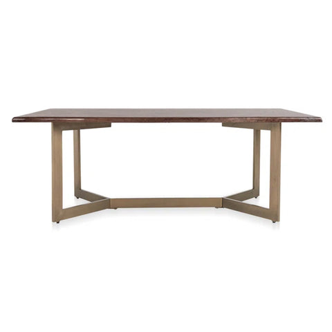 Rustic Diascia Dining Table with solid wood top, natural wood knots, and an iron base in a rectangular design.