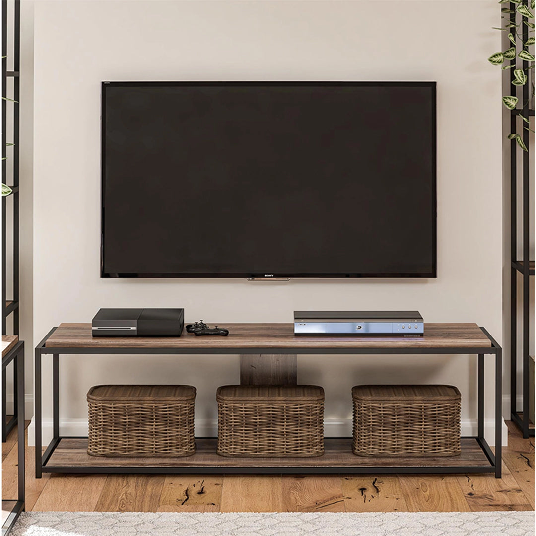 Rustic Engineered Wood and Metal TV Console Table with Open Shelving in a Modern Living Room.