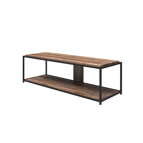 Rustic Engineered Wood and Metal TV Console Table with Open Shelving in a Modern Living Room.