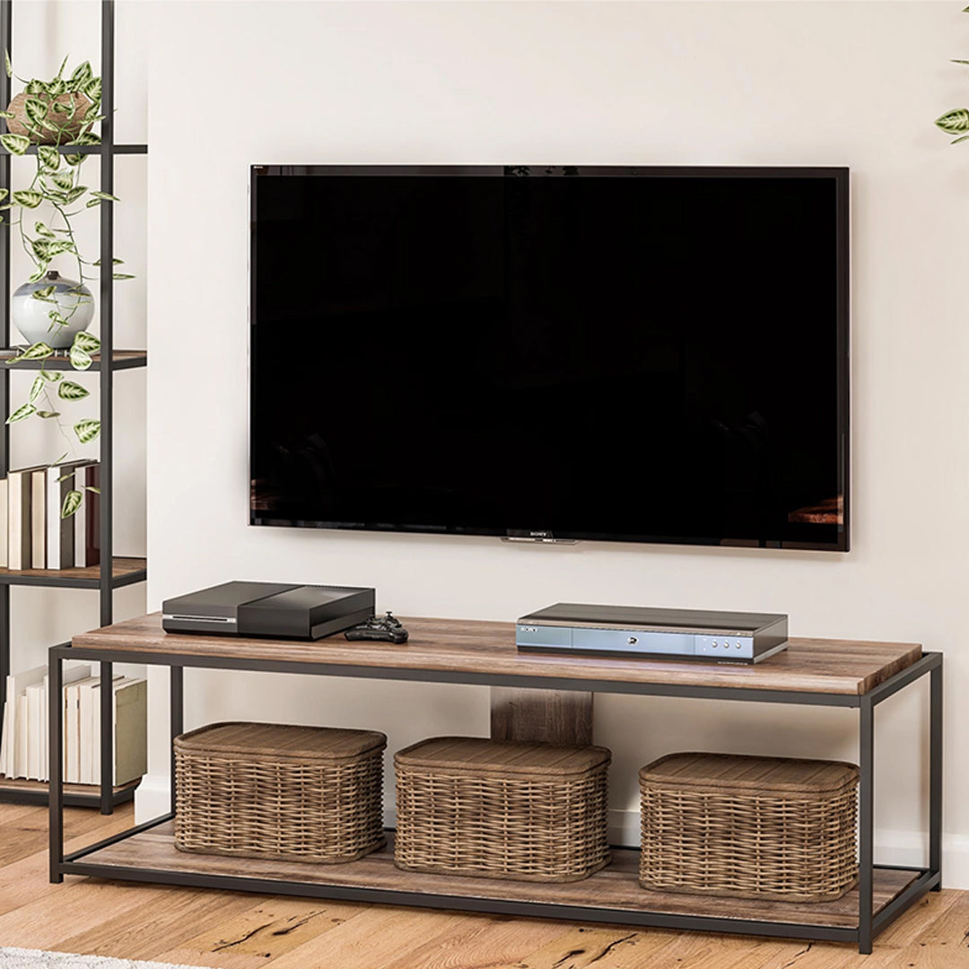 Rustic Engineered Wood and Metal TV Console Table with Open Shelving in a Modern Living Room.