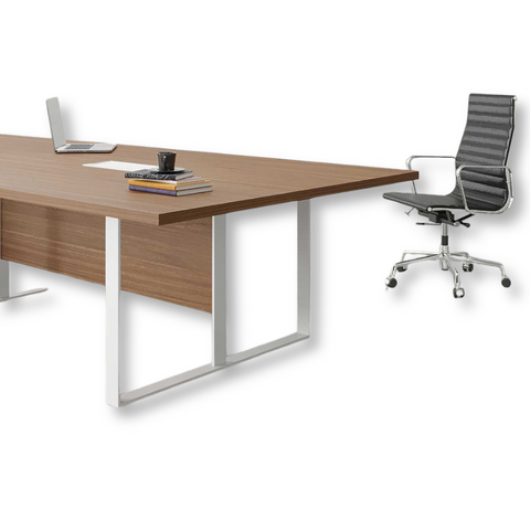 Sage Conference Table with wooden-finished MDF top, powder-coated MS legs, and cable grommet for meetings.