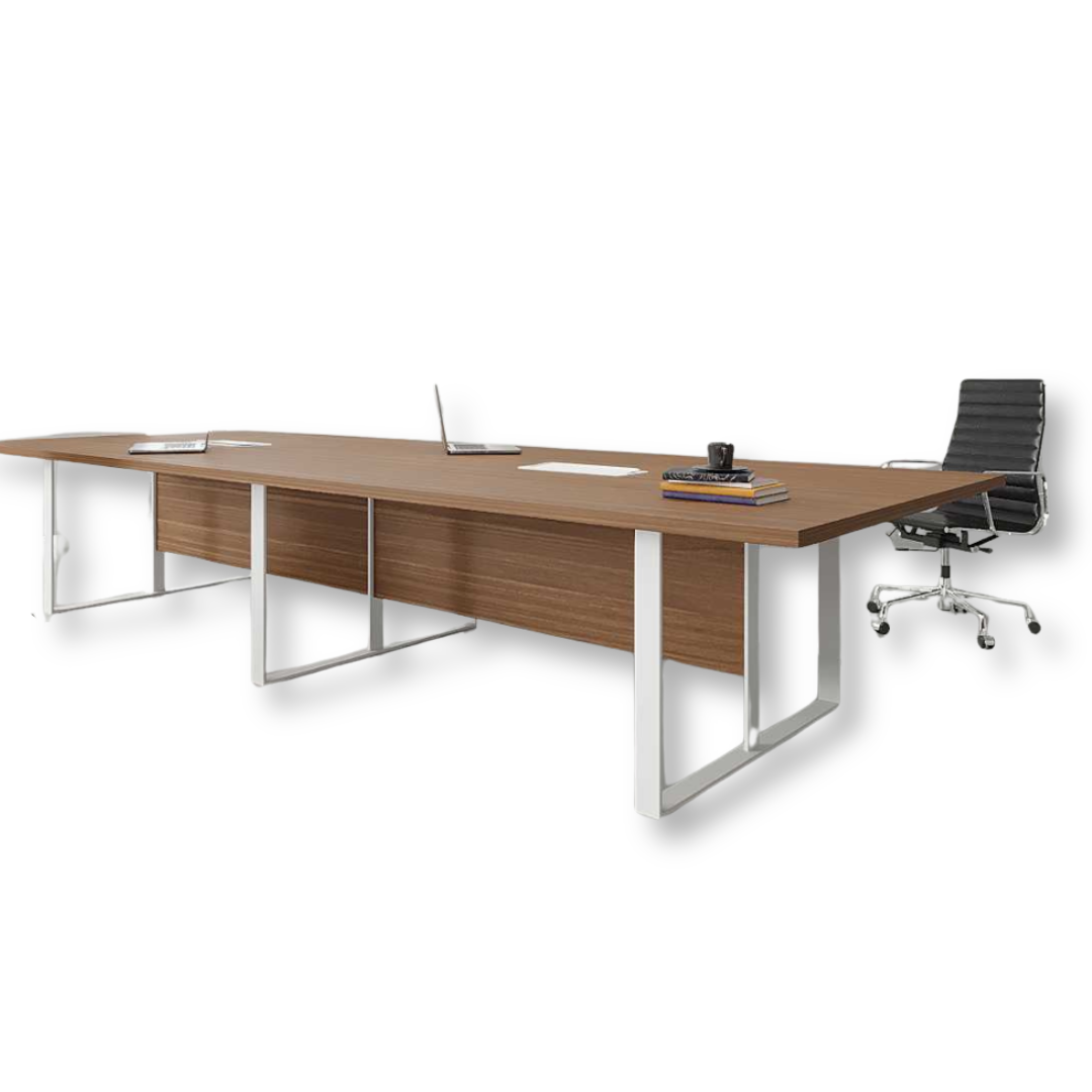 Sage Conference Table with wooden-finished MDF top, powder-coated MS legs, and cable grommet for meetings.