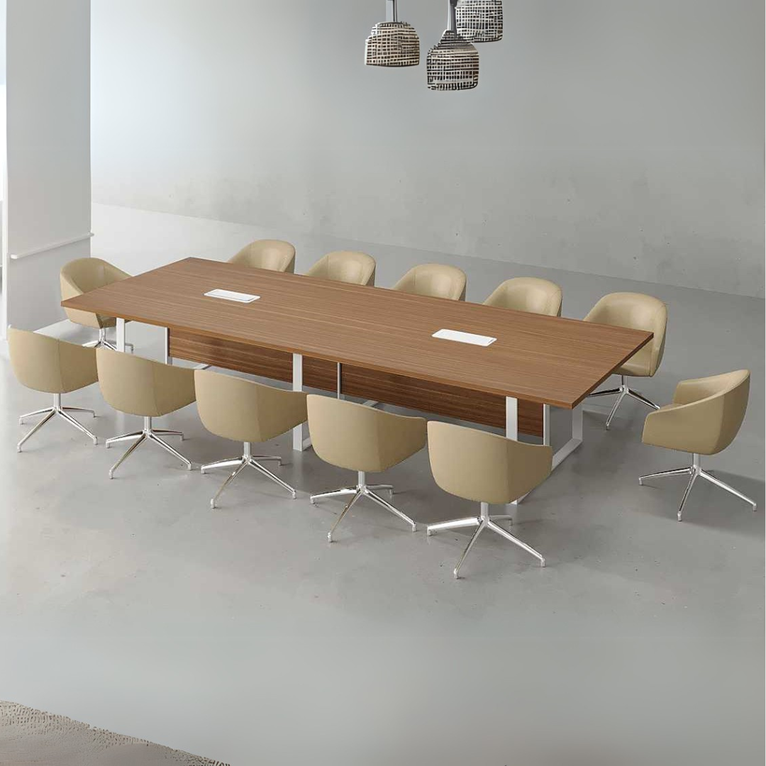 Sage Conference Table with wooden-finished MDF top, powder-coated MS legs, and cable grommet for meetings.