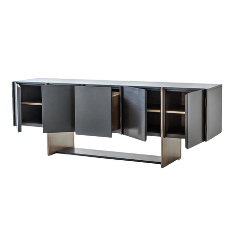 Sira Credenza featuring a marble top, metal handles, and powder-coated legs, perfect for modern interiors.
