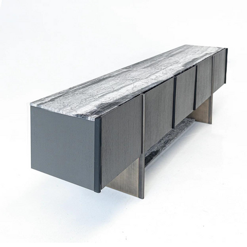 Sira Credenza featuring a marble top, metal handles, and powder-coated legs, perfect for modern interiors.