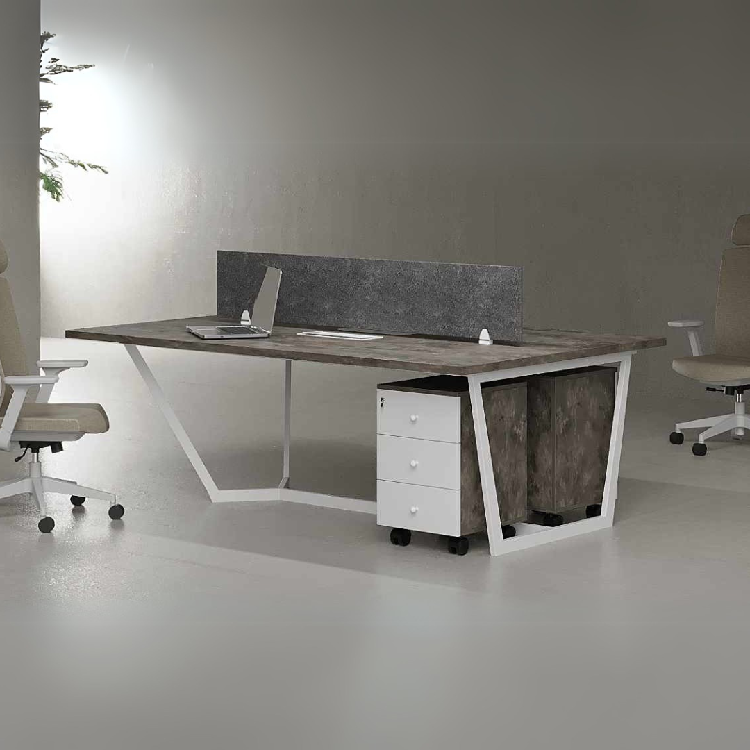 Snow Cluster Workstation with HDF tabletop, steel frame, privacy panels, and lockable drawers for modern offices in Pakistan.