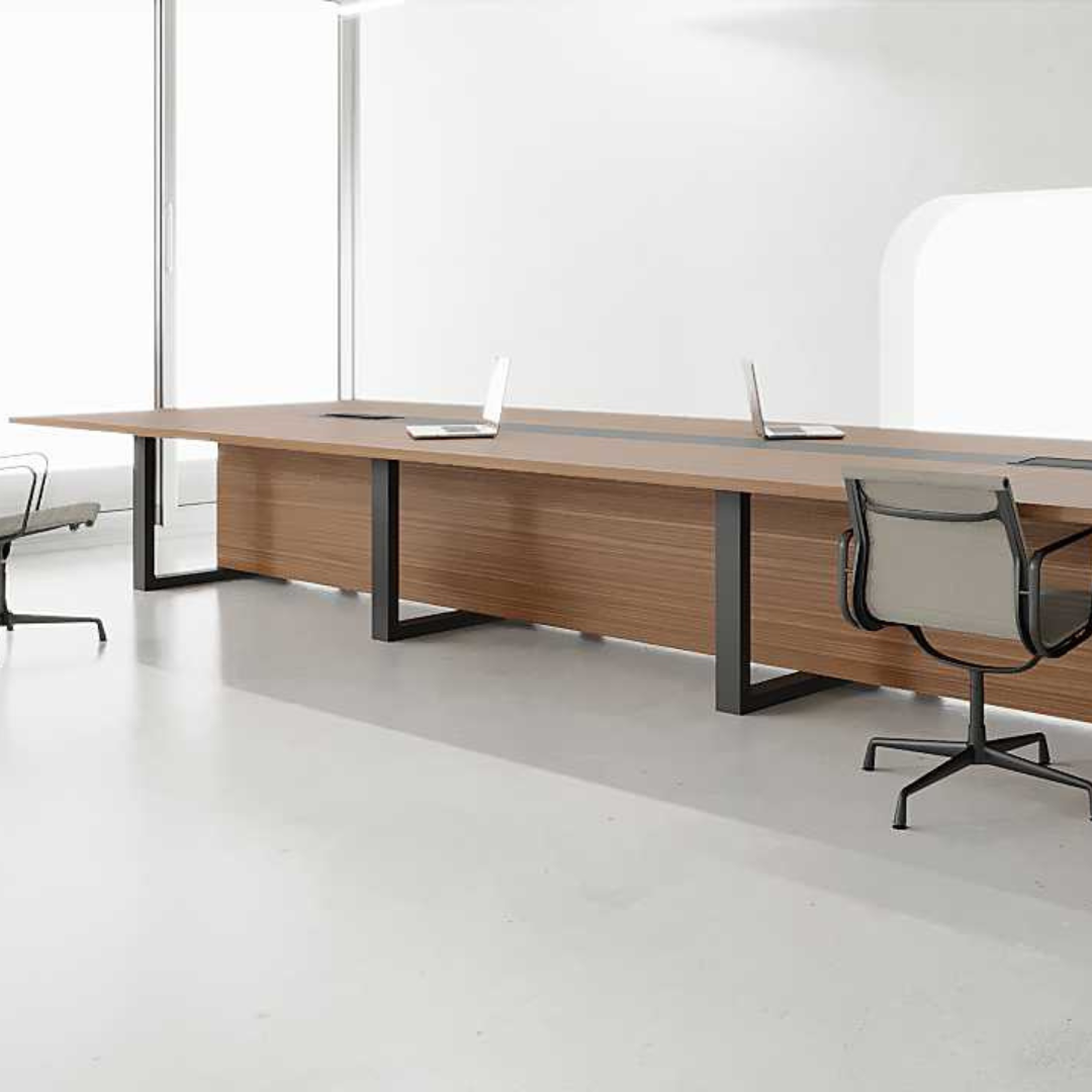 Song Conference Table with 165-inch wooden-finished MDF top, powder-coated MS legs, and integrated cable grommet.