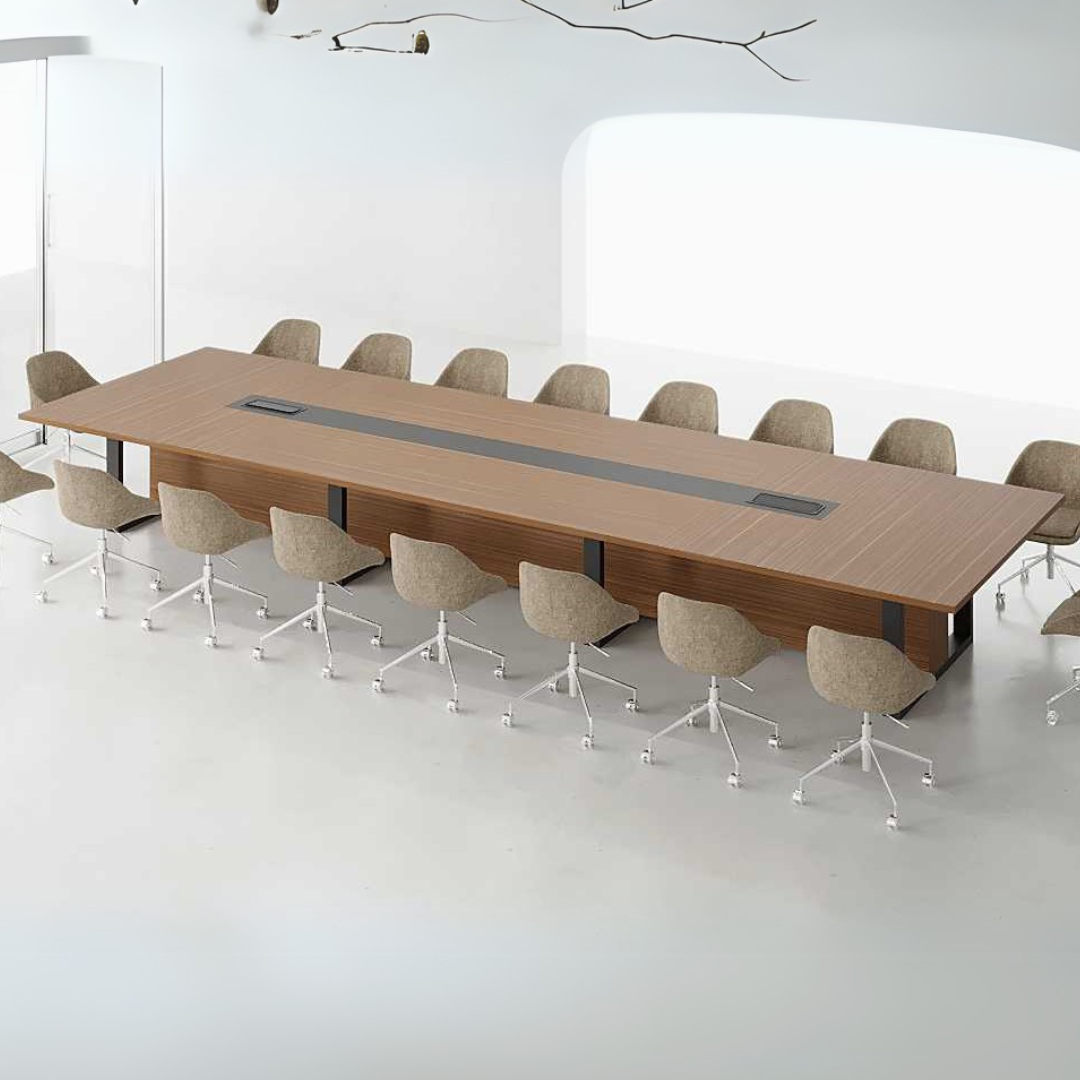 Song Conference Table with 165-inch wooden-finished MDF top, powder-coated MS legs, and integrated cable grommet.