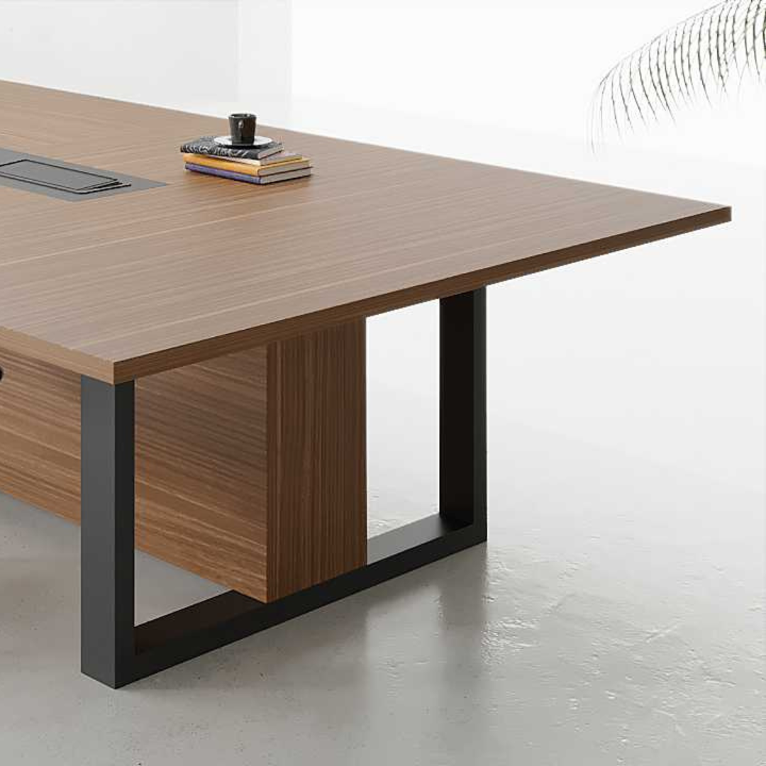 Song Conference Table with 165-inch wooden-finished MDF top, powder-coated MS legs, and integrated cable grommet.