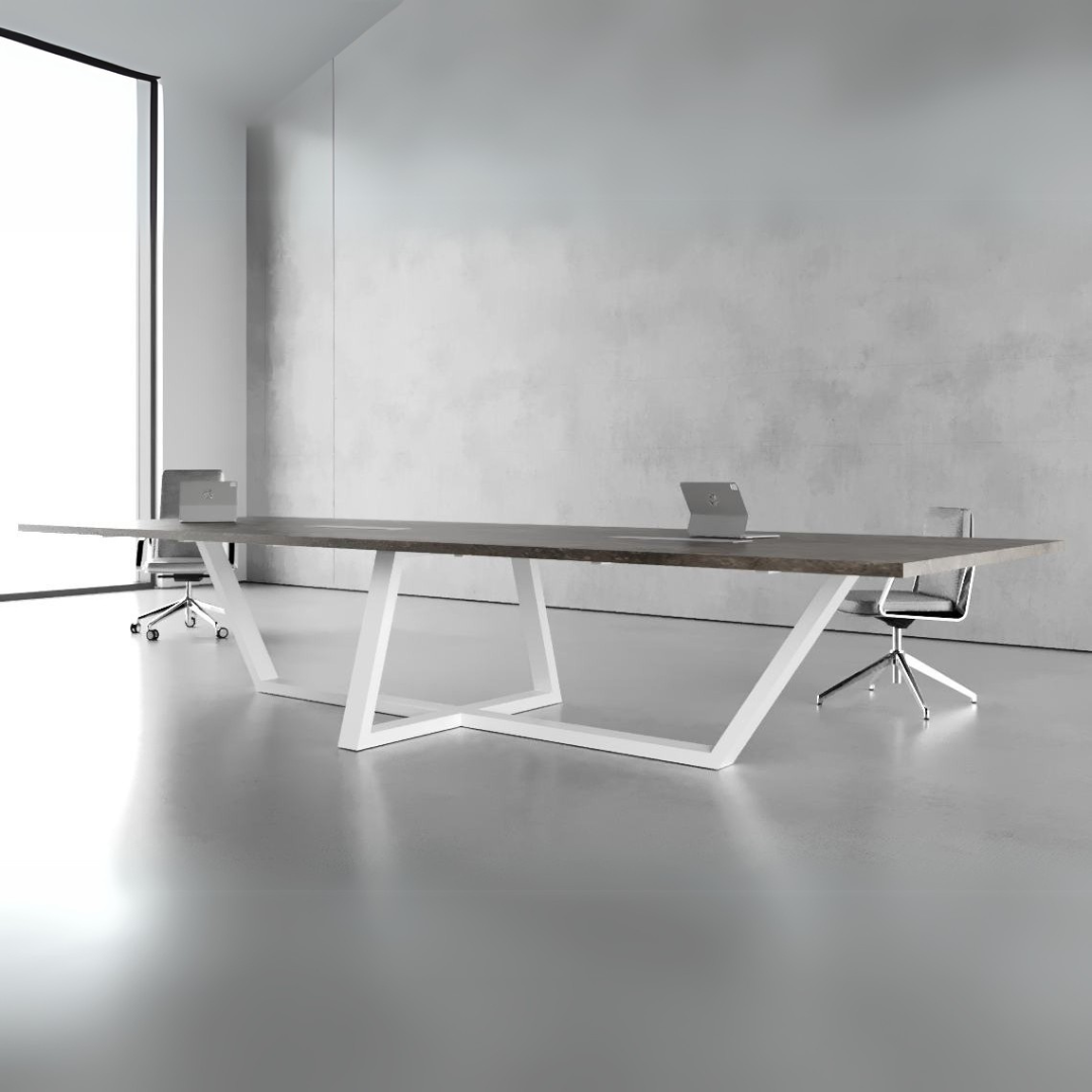 Splice Conference Table with wooden-finished laminated MDF top, powder-coated MS legs, and cable grommet