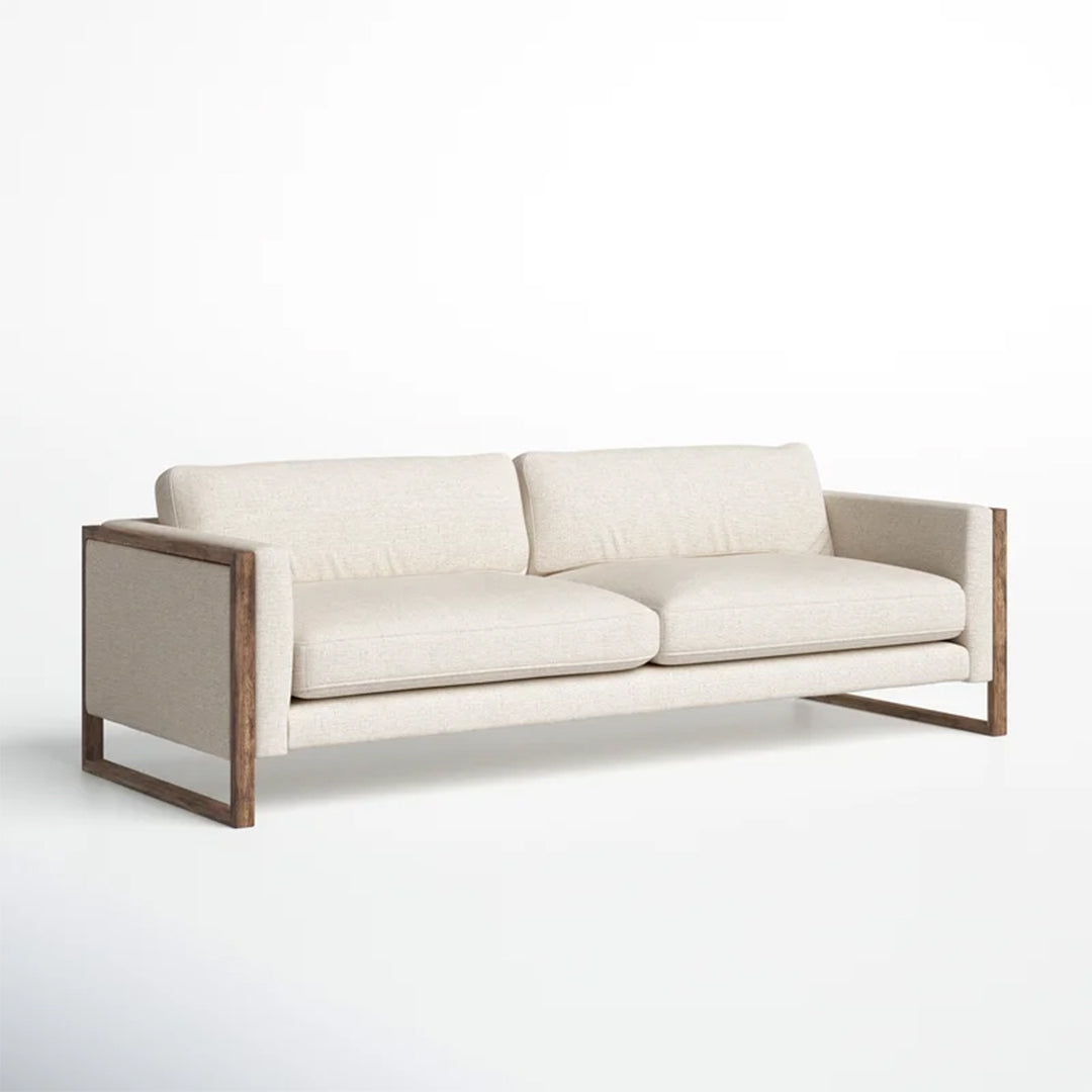 Square Reding Upholstered Sofa with loose back cushions and solid wood frame in brown finish.